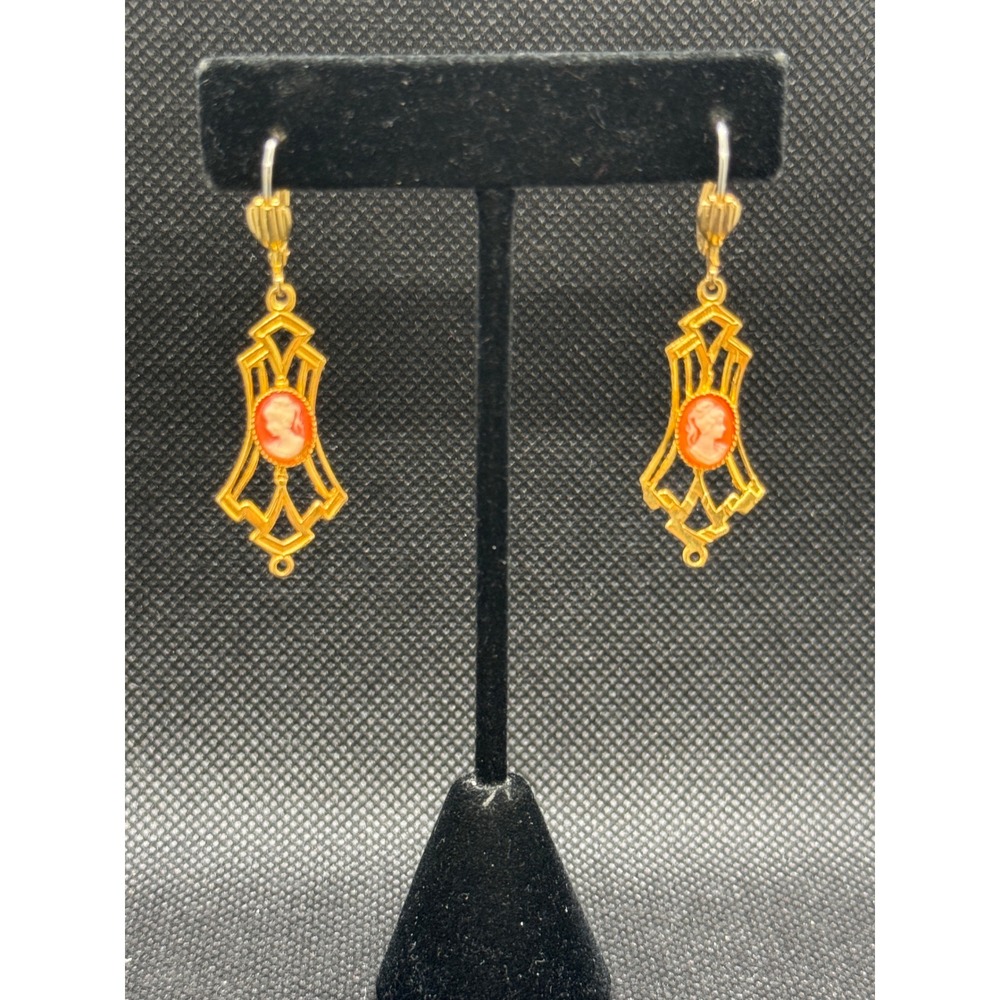 Vintage Gold Tone Art Deco Style Cameo Drop Earrings Coral Orange Lever Back